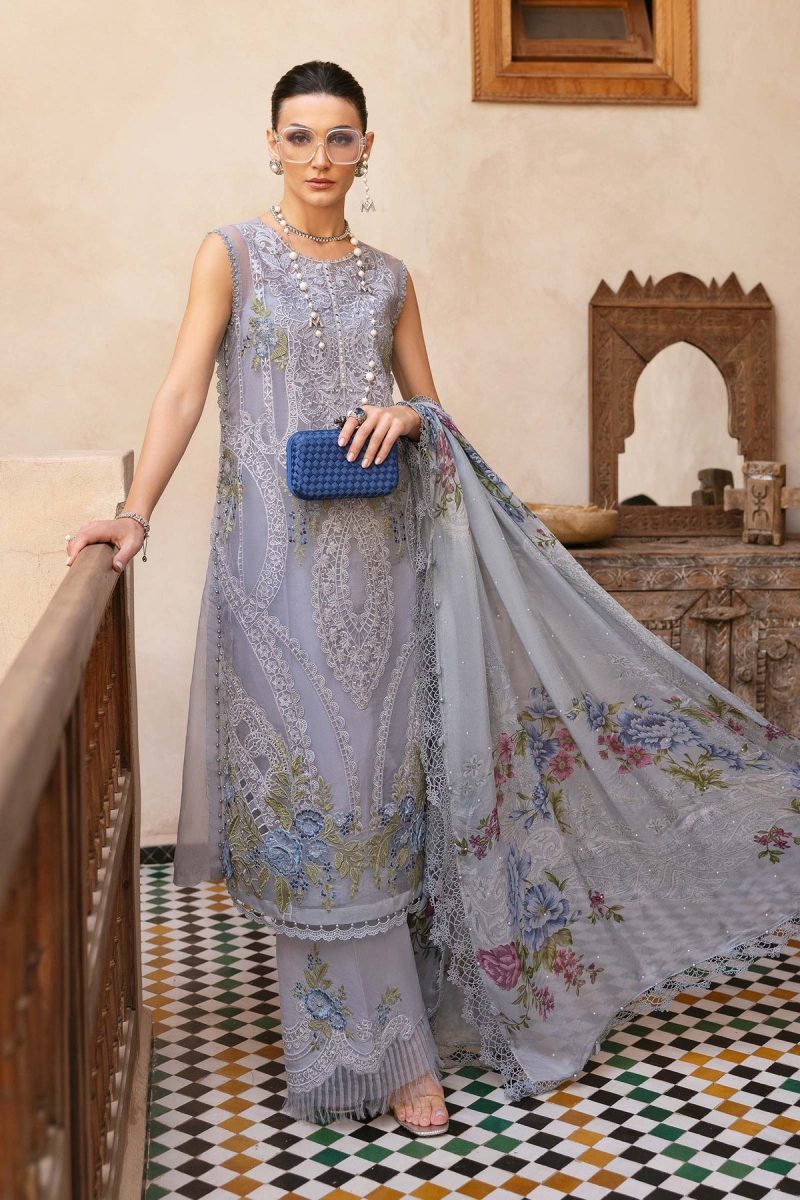 Maria.b | Luxury Lawn | Ice Blue | Unstitched | Embroidered Net Suit | 3 Piece
