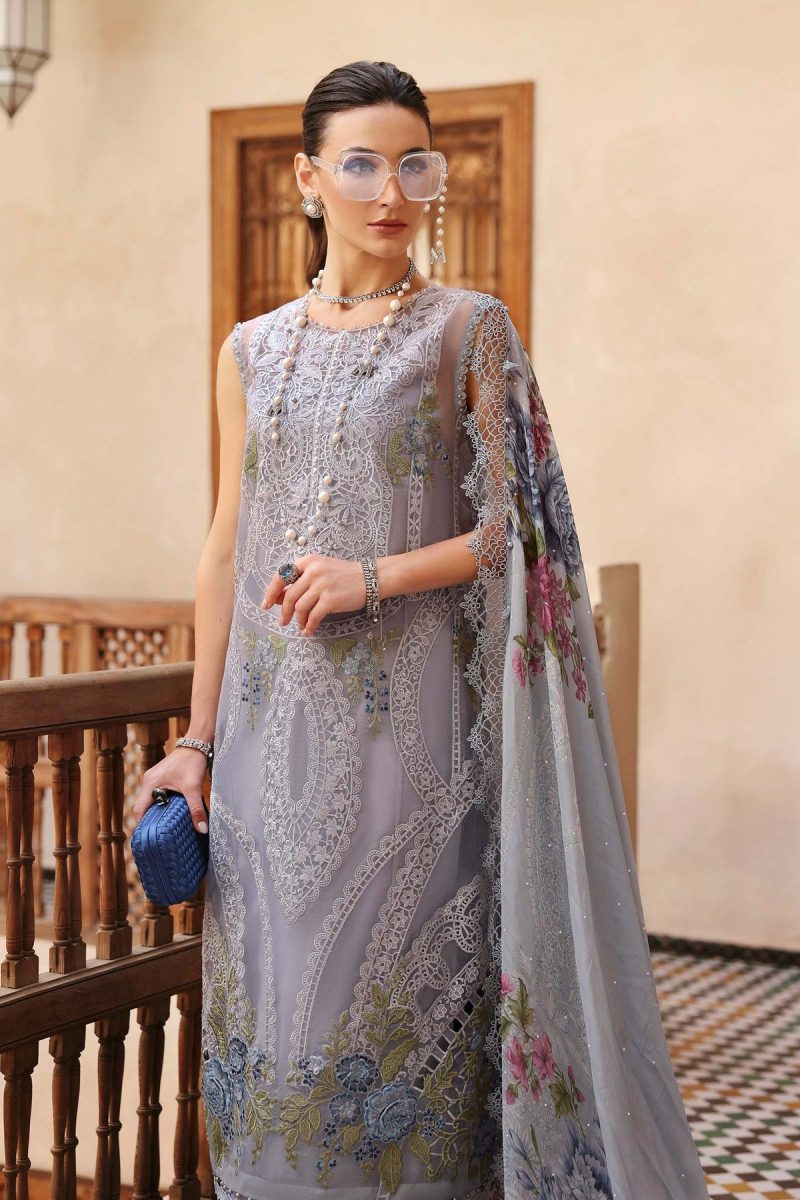 Maria.b | Luxury Lawn | Ice Blue | Unstitched | Embroidered Net Suit | 3 Piece