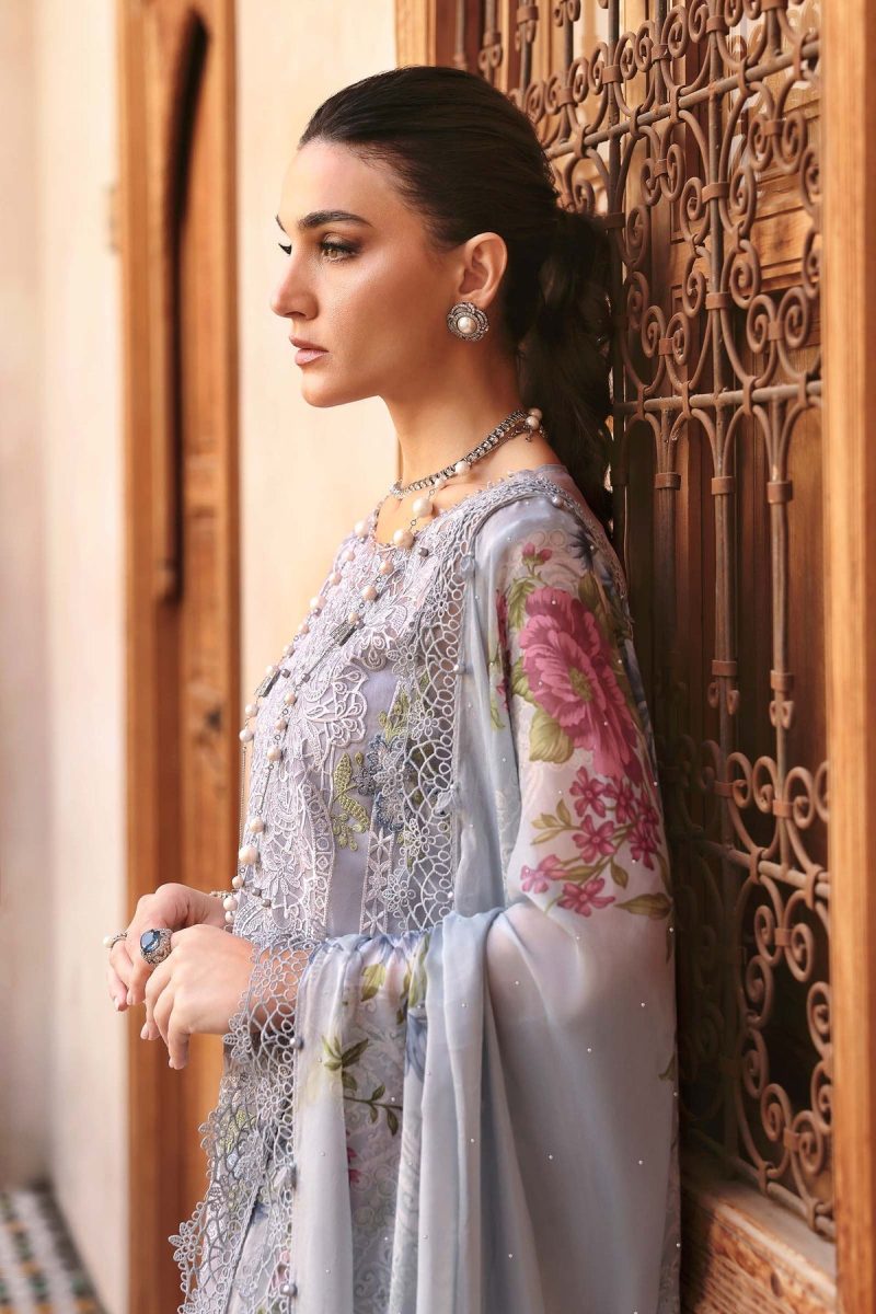 Maria.b | Luxury Lawn | Ice Blue | Unstitched | Embroidered Net Suit | 3 Piece
