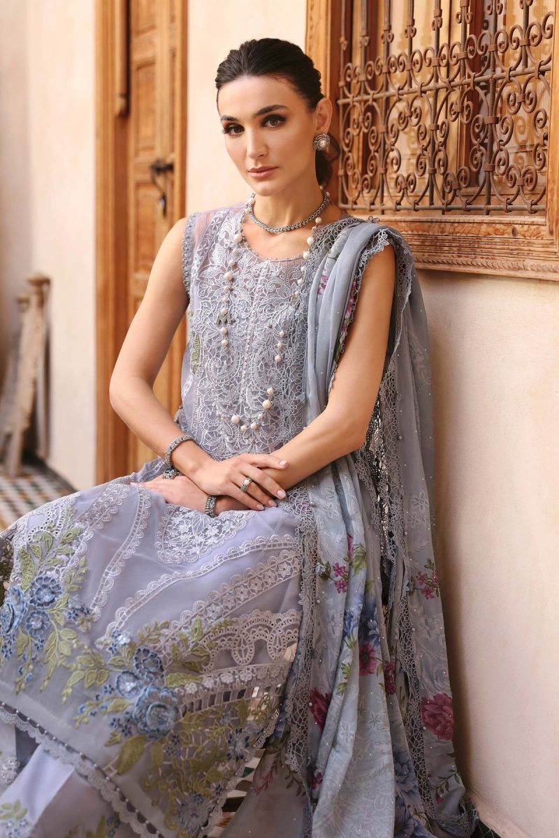 Maria.b | Luxury Lawn | Ice Blue | Unstitched | Embroidered Net Suit | 3 Piece