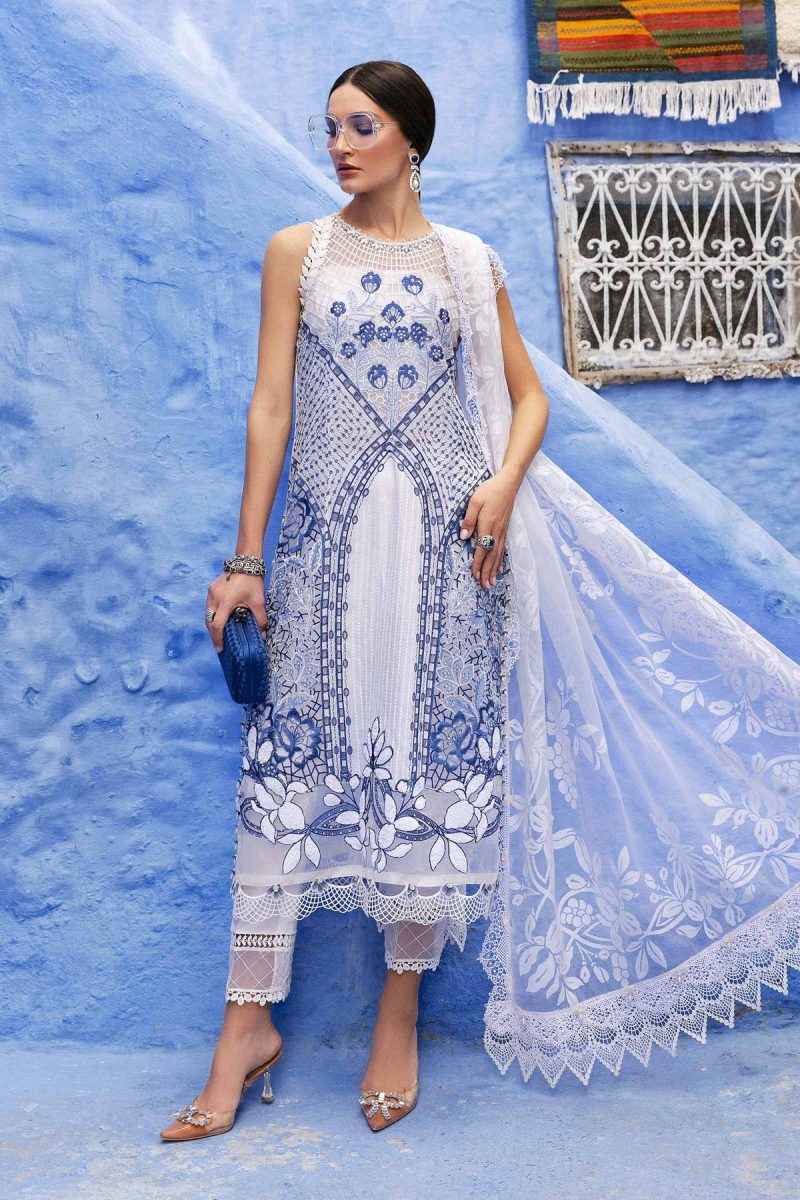 Maria.b | Luxury Lawn | White | Unstitched | Embroidered Net Suit | 3 Piece