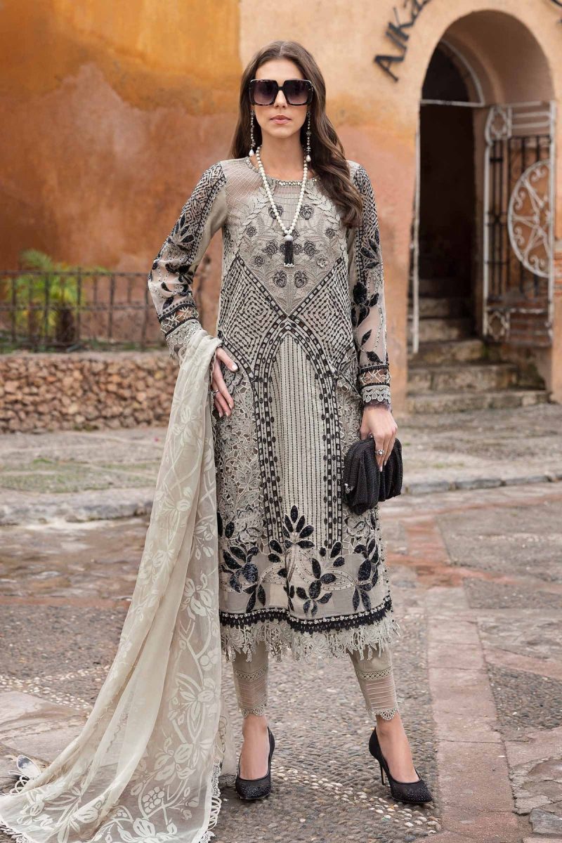 Maria.b | Luxury Lawn | Mouse Grey | Unstitched | Embroidered Net Suit | 3 Piece