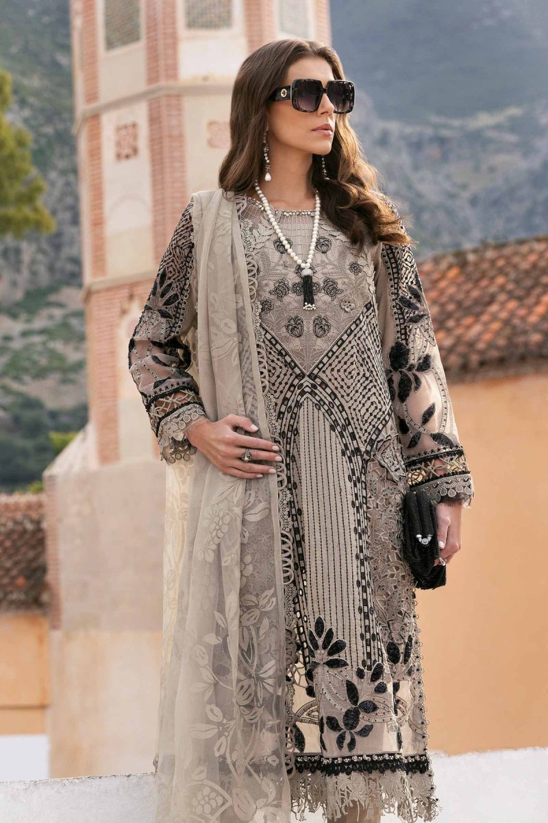Maria.b | Luxury Lawn | Mouse Grey | Unstitched | Embroidered Net Suit | 3 Piece