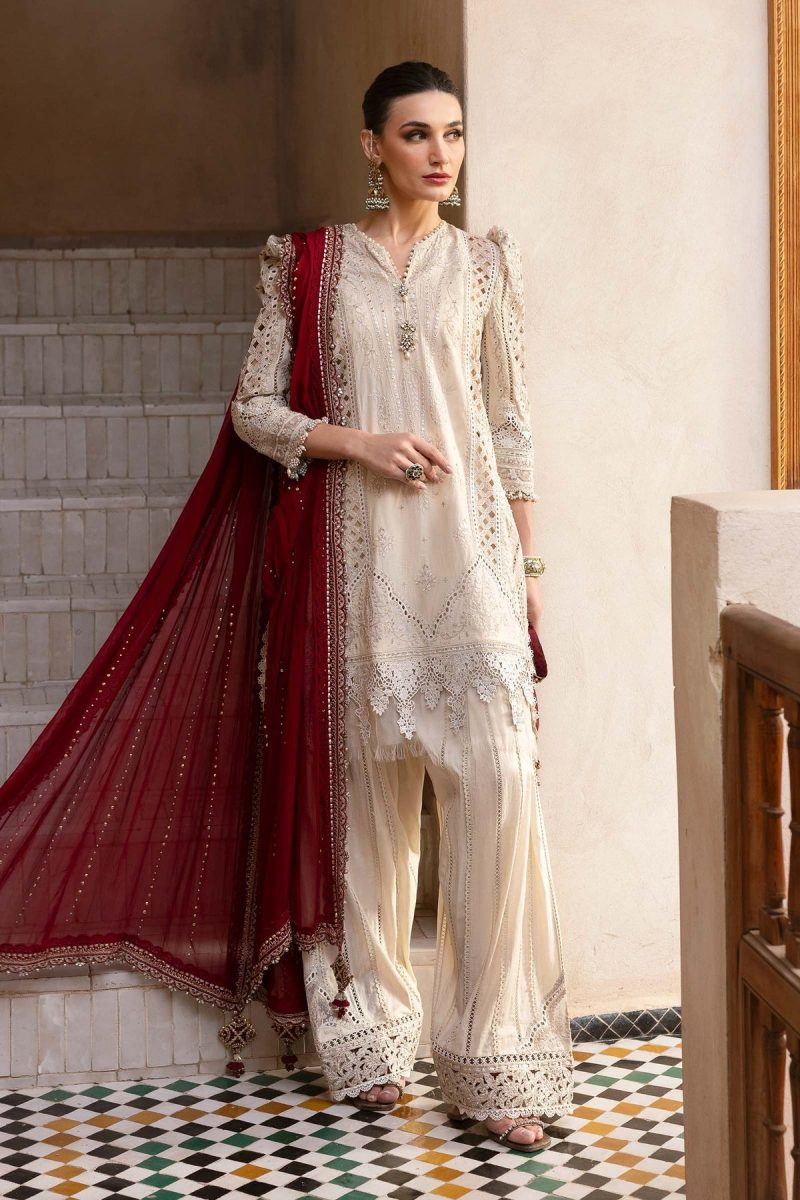 Maria.b | Luxury Lawn | Beige | Unstitched | Embroidered Net Suit | 3 Piece