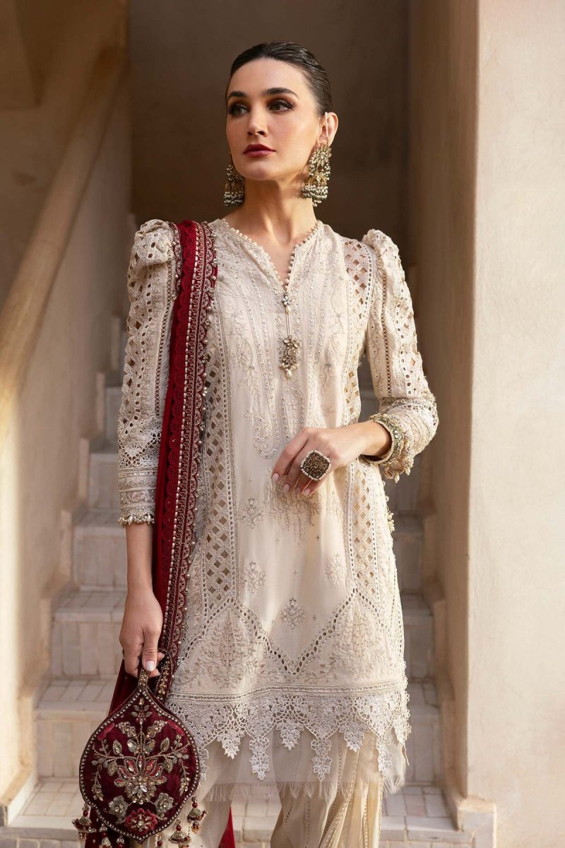 Maria.b | Luxury Lawn | Beige | Unstitched | Embroidered Net Suit | 3 Piece