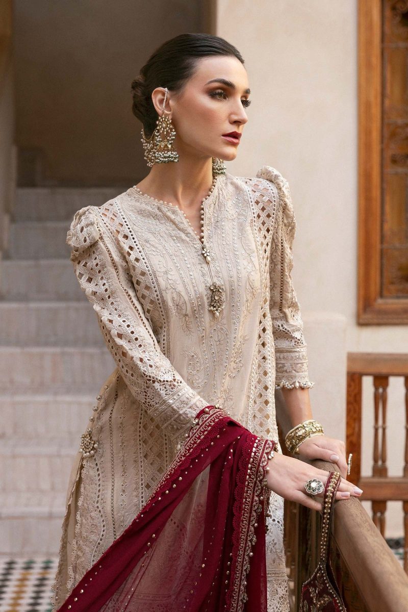 Maria.b | Luxury Lawn | Beige | Unstitched | Embroidered Net Suit | 3 Piece