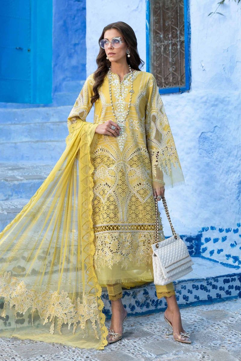 Maria.b | Luxury Lawn | Lime Yellow | Unstitched | Embroidered Net Suit | 3 Piece