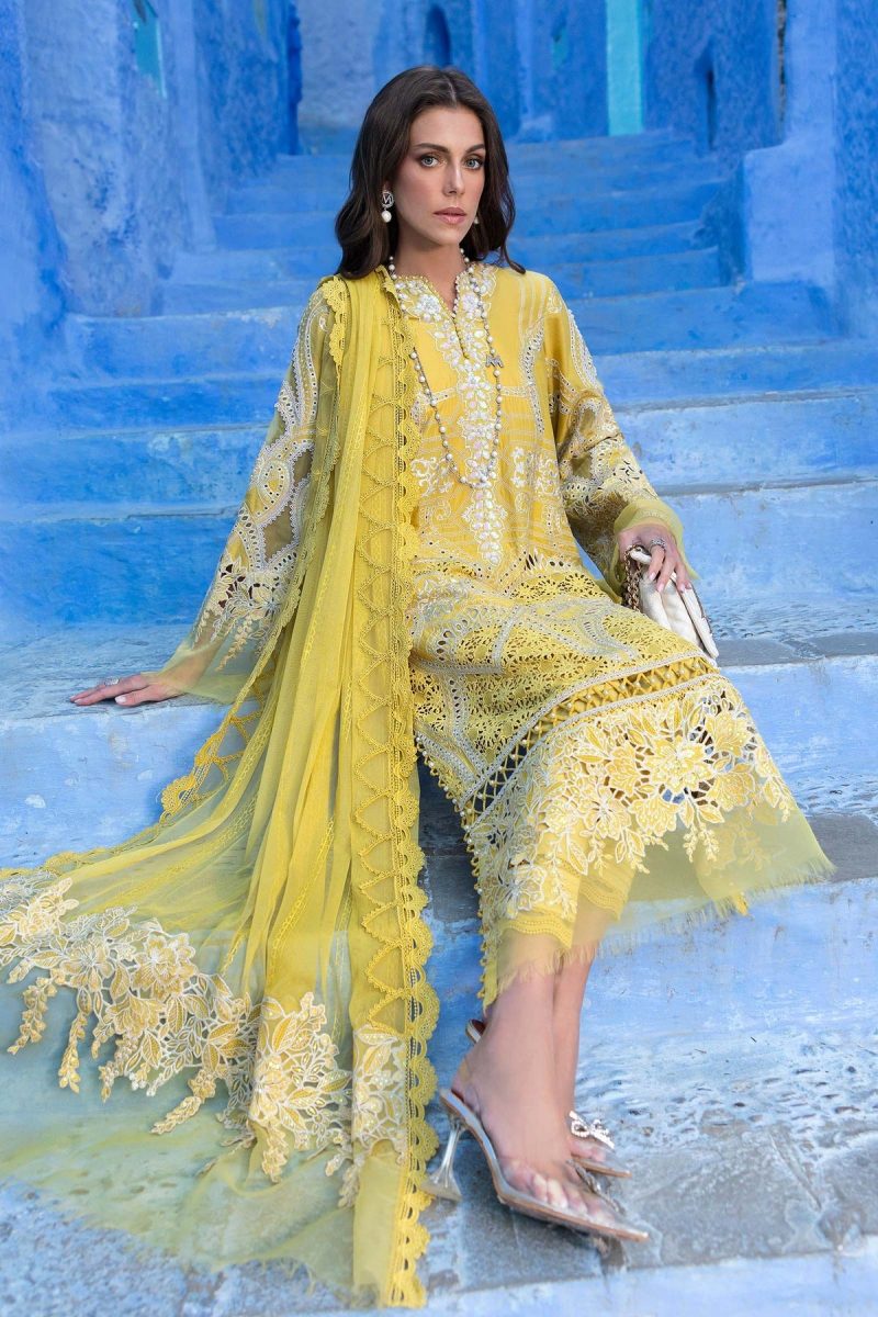 Maria.b | Luxury Lawn | Lime Yellow | Unstitched | Embroidered Net Suit | 3 Piece