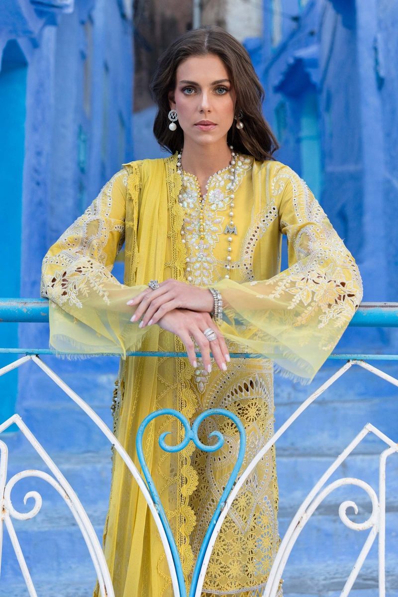 Maria.b | Luxury Lawn | Lime Yellow | Unstitched | Embroidered Net Suit | 3 Piece