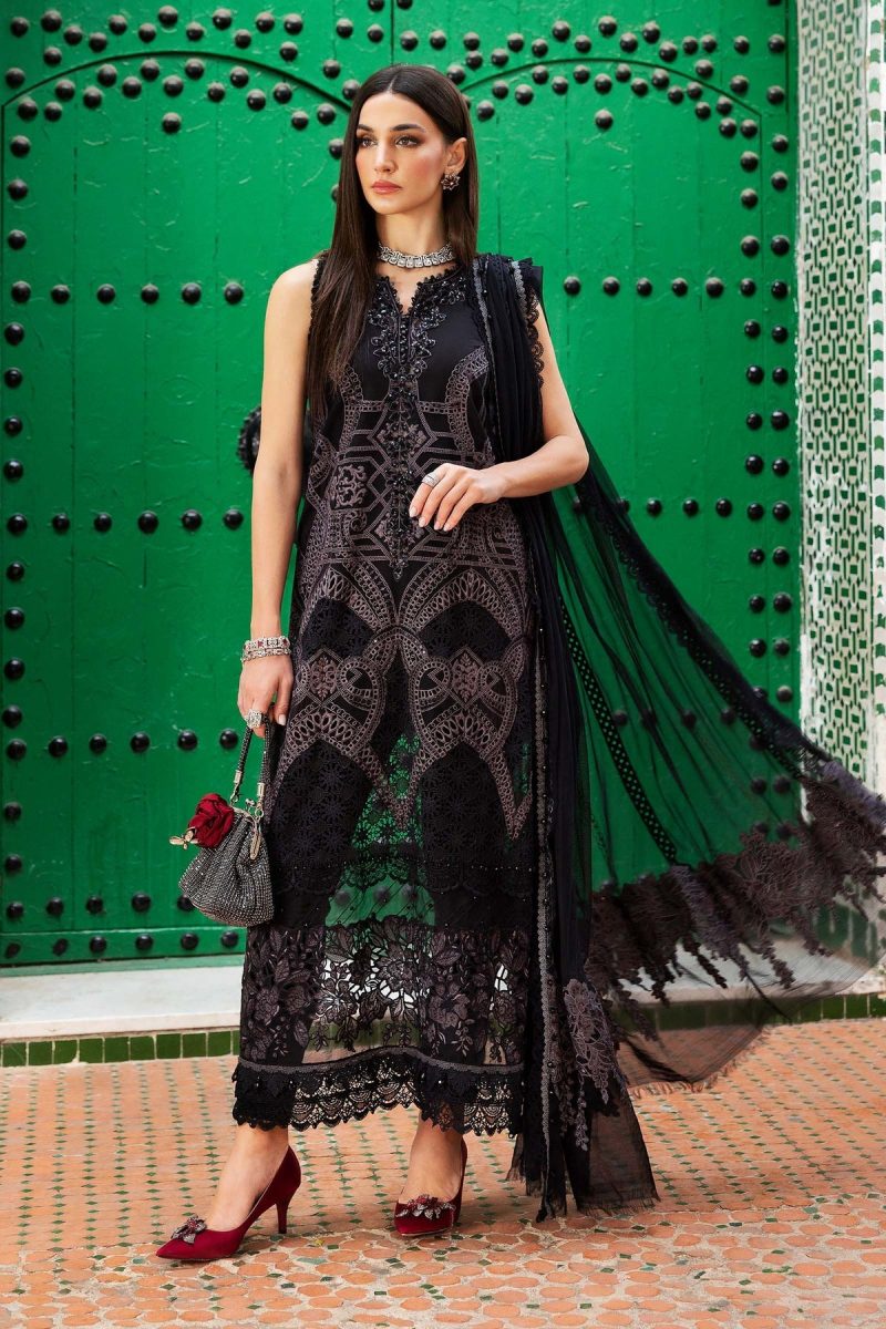 Maria.b | Luxury Lawn | Black | Unstitched | Embroidered Net Suit | 3 Piece