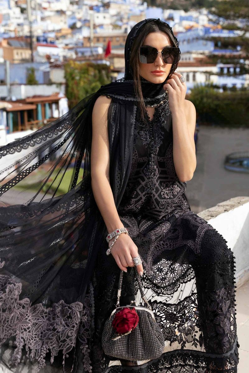 Maria.b | Luxury Lawn | Black | Unstitched | Embroidered Net Suit | 3 Piece