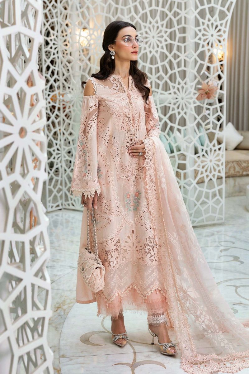 Maria.b | Luxury Lawn | Peach | Unstitched | Embroidered Net Suit | 3 Piece