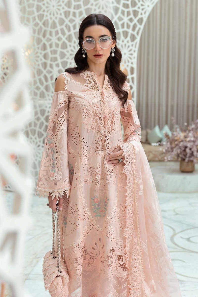 Maria.b | Luxury Lawn | Peach | Unstitched | Embroidered Net Suit | 3 Piece
