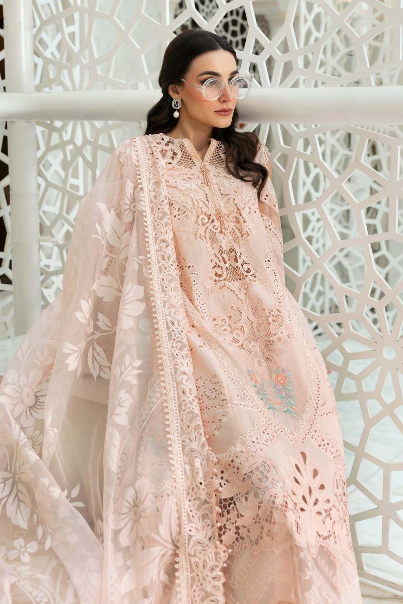 Maria.b | Luxury Lawn | Peach | Unstitched | Embroidered Net Suit | 3 Piece