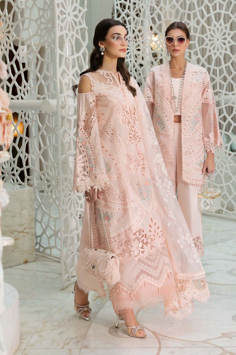 Maria.b | Luxury Lawn | Peach | Unstitched | Embroidered Net Suit | 3 Piece