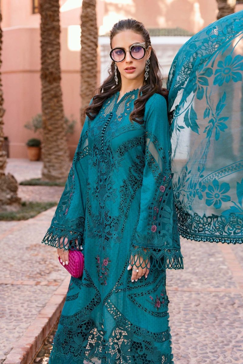 Maria.b | Luxury Lawn | Teal | Unstitched | Embroidered Net Suit | 3 Piece