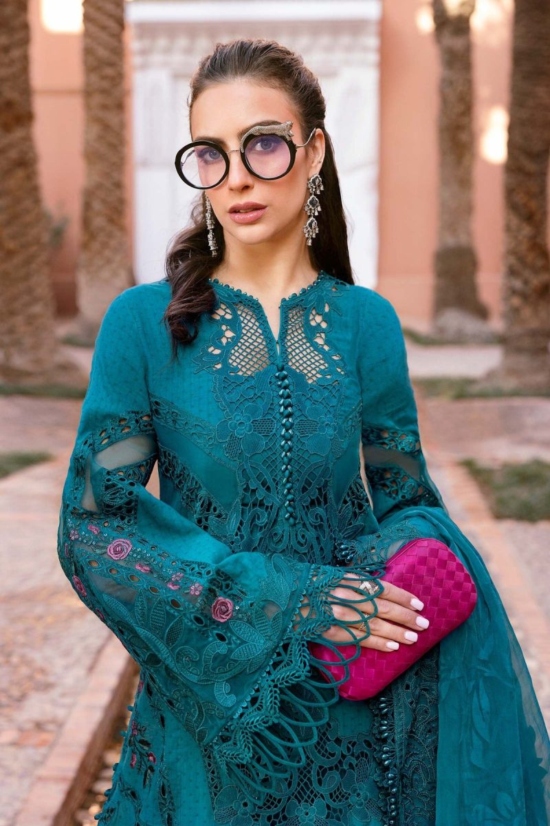 Maria.b | Luxury Lawn | Teal | Unstitched | Embroidered Net Suit | 3 Piece