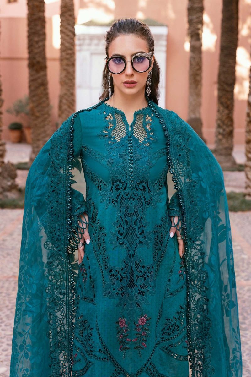 Maria.b | Luxury Lawn | Teal | Unstitched | Embroidered Net Suit | 3 Piece