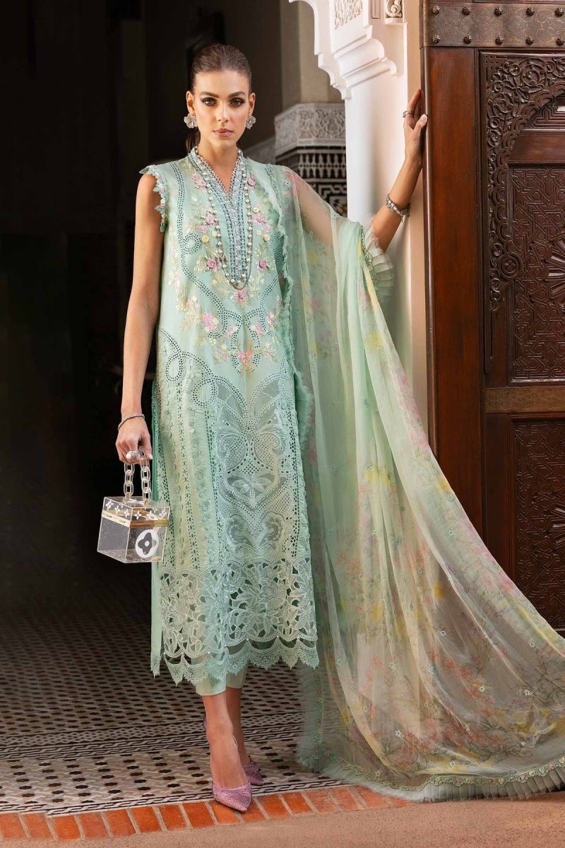 Maria.b | Luxury Lawn | Aqua | Unstitched | Embroidered Net Suit | 3 Piece