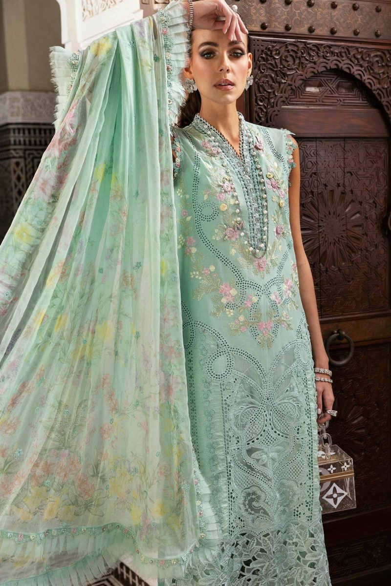 Maria.b | Luxury Lawn | Aqua | Unstitched | Embroidered Net Suit | 3 Piece