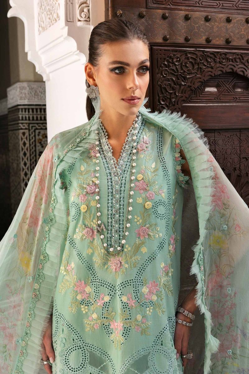 Maria.b | Luxury Lawn | Aqua | Unstitched | Embroidered Net Suit | 3 Piece