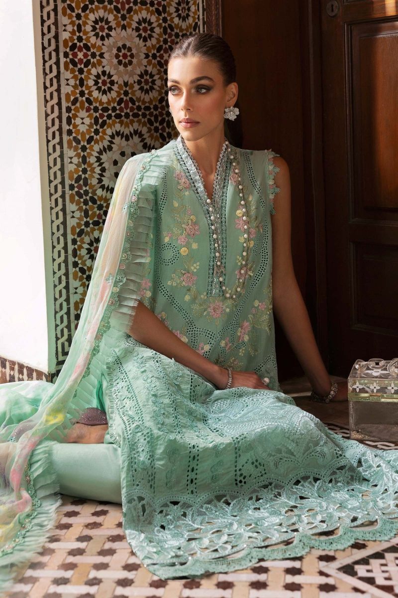 Maria.b | Luxury Lawn | Aqua | Unstitched | Embroidered Net Suit | 3 Piece