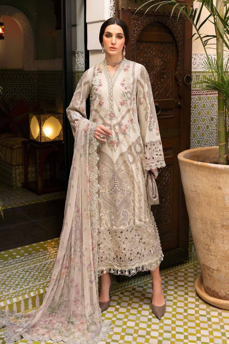 Maria.b | Luxury Lawn | Beige | Unstitched | Embroidered Net Suit | 3 Piece