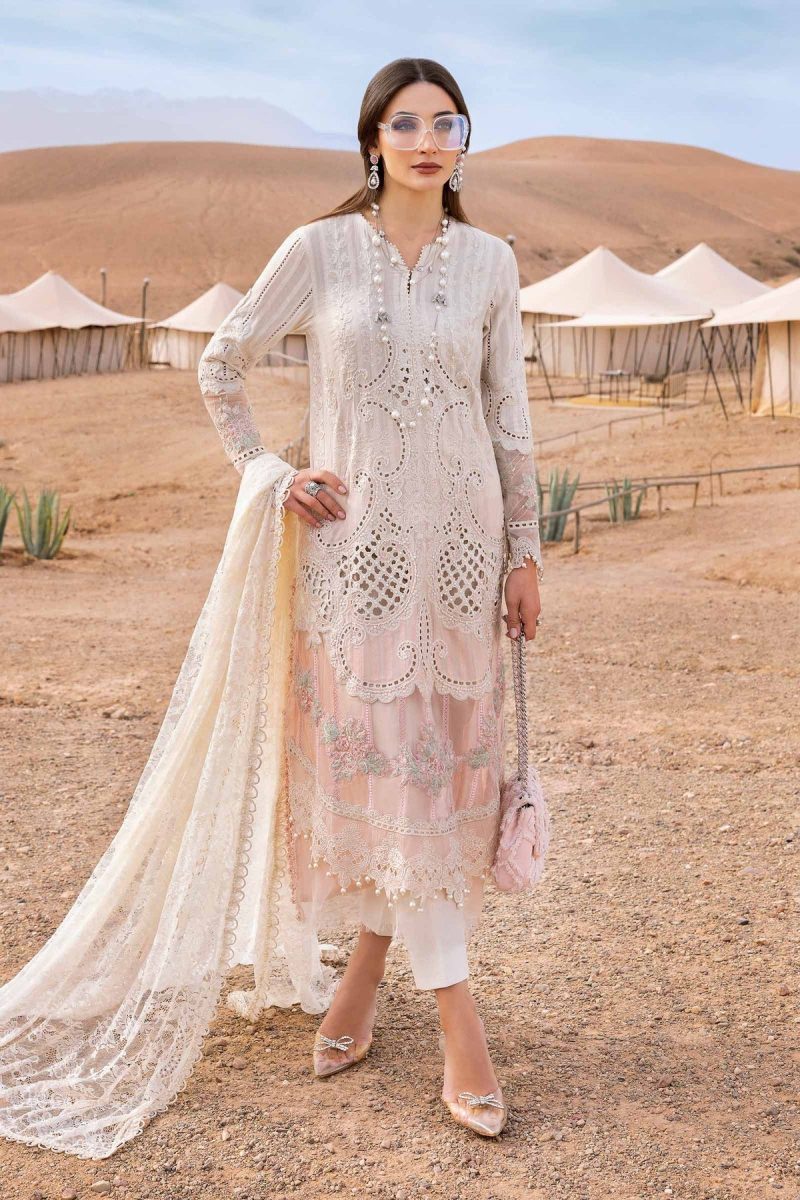 Maria.b | Luxury Lawn | White Pink | Unstitched | Embroidered Net Suit | 3 Piece