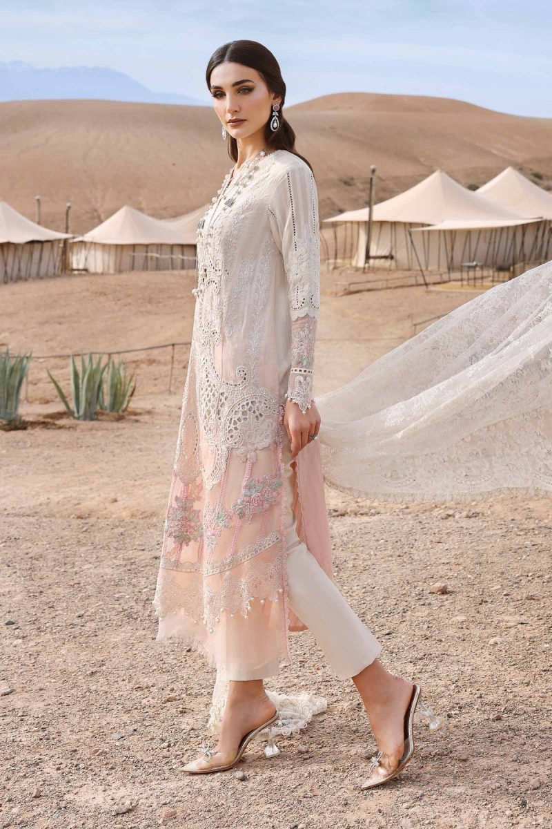 Maria.b | Luxury Lawn | White Pink | Unstitched | Embroidered Net Suit | 3 Piece
