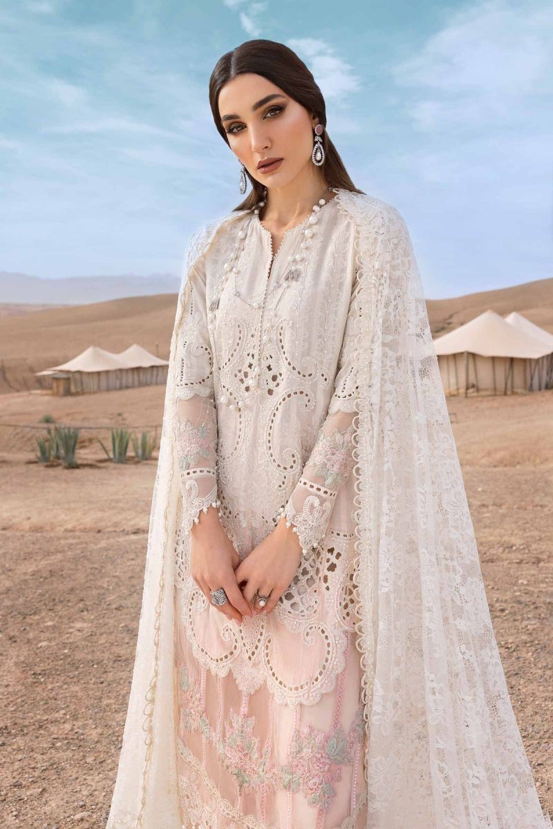 Maria.b | Luxury Lawn | White Pink | Unstitched | Embroidered Net Suit | 3 Piece
