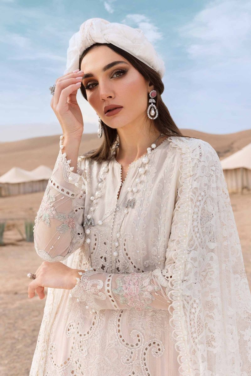Maria.b | Luxury Lawn | White Pink | Unstitched | Embroidered Net Suit | 3 Piece