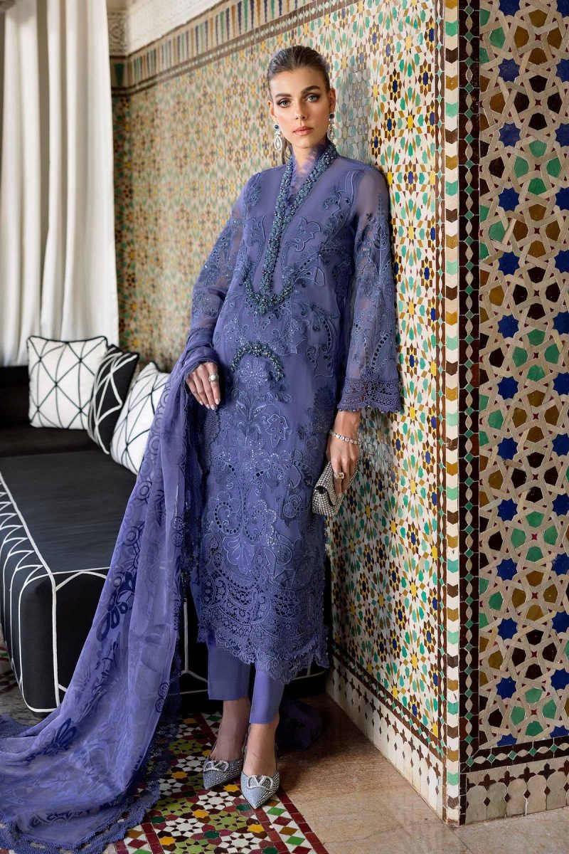 Maria.b | Luxury Lawn | Violet | Unstitched | Embroidered Net Suit | 3 Piece