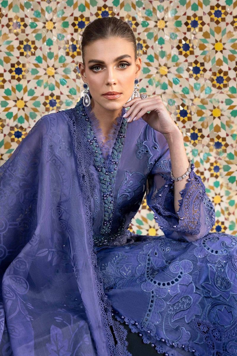 Maria.b | Luxury Lawn | Violet | Unstitched | Embroidered Net Suit | 3 Piece