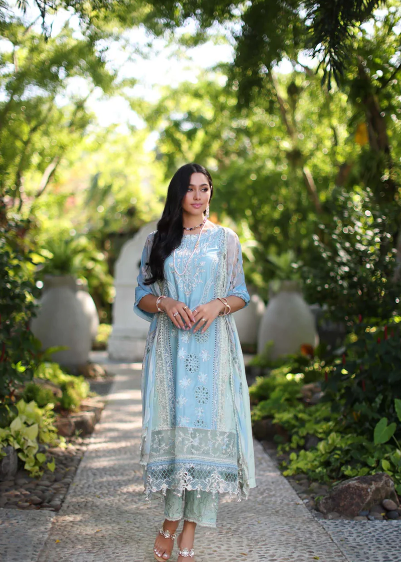Noor By Saadia Luxe Chikankari Lawn | Sky Blue | Unstitched | Party Wear | Chiffon Dupatta | 2A