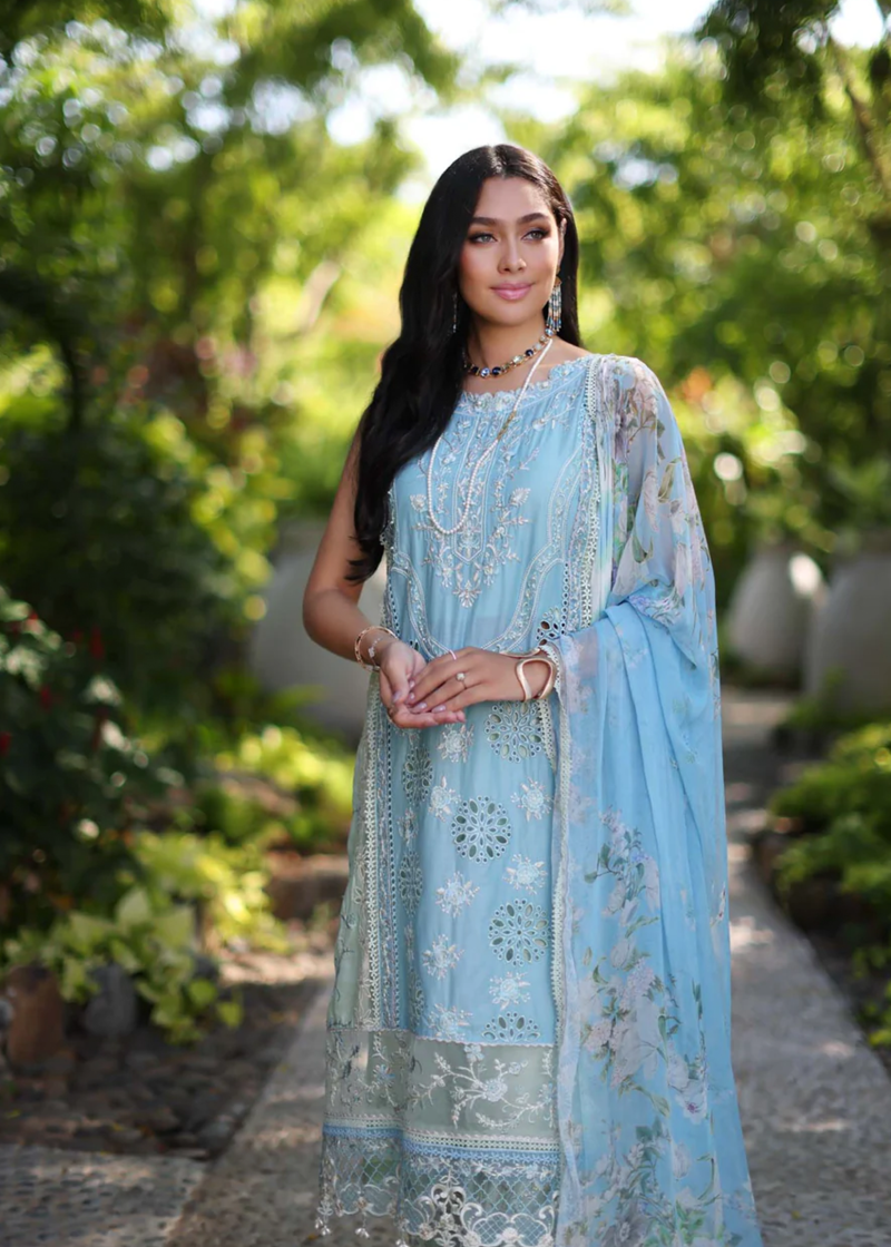 Noor By Saadia Luxe Chikankari Lawn | Sky Blue | Unstitched | Party Wear | Chiffon Dupatta | 2A