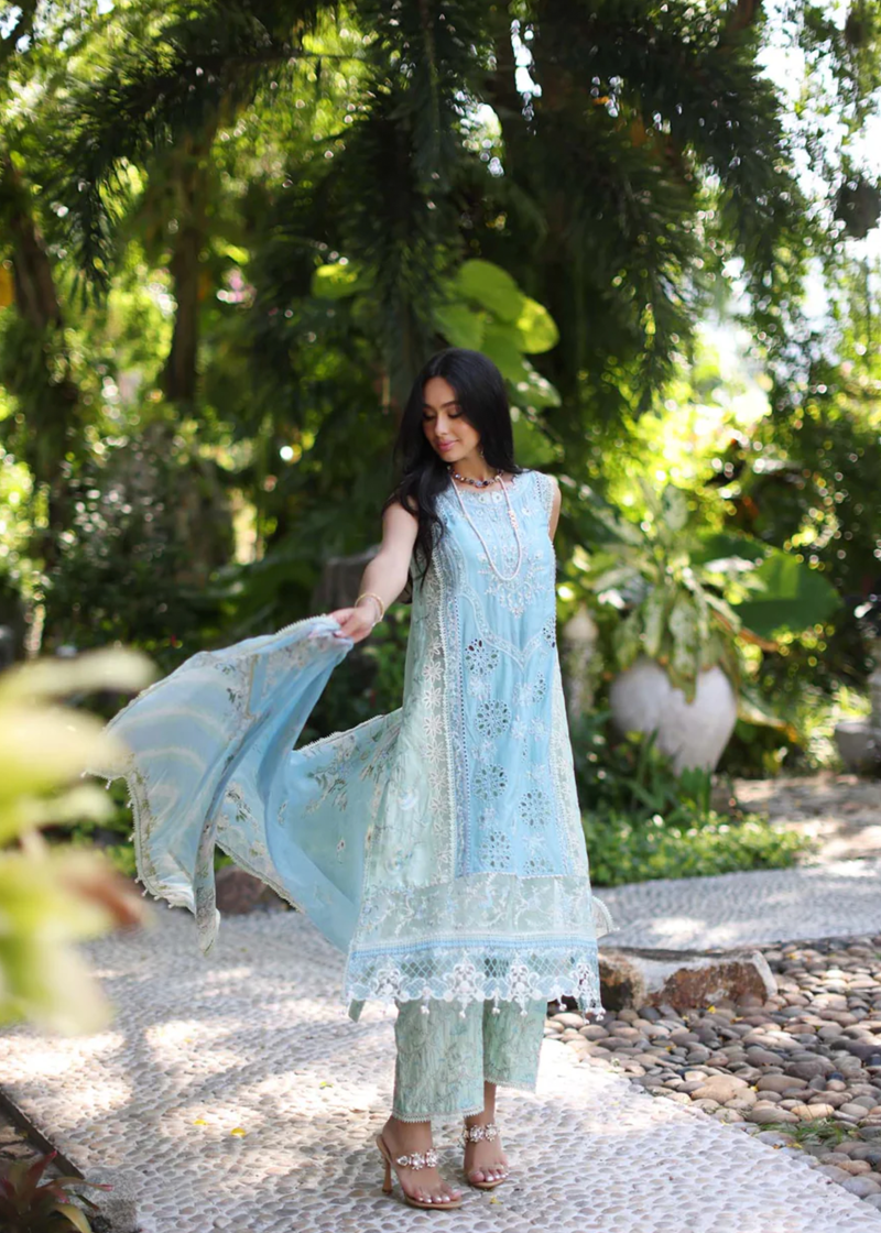 Noor By Saadia Luxe Chikankari Lawn | Sky Blue | Unstitched | Party Wear | Chiffon Dupatta | 2A