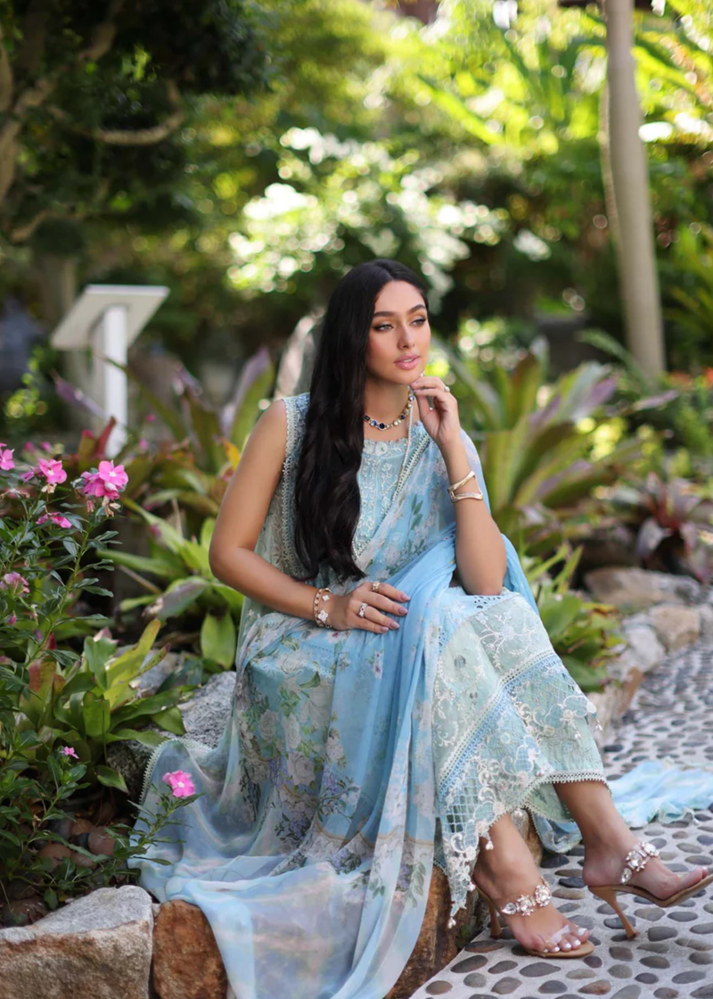 Noor By Saadia Luxe Chikankari Lawn | Sky Blue | Unstitched | Party Wear | Chiffon Dupatta | 2A