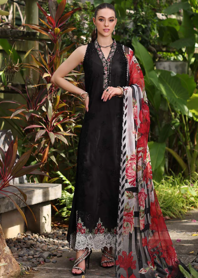 Noor By Saadia Luxe Chikankari Lawn | Black | Unstitched | Party Wear | Chiffon Dupatta | 6A