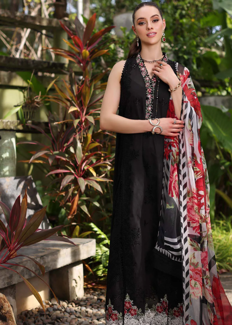 Noor By Saadia Luxe Chikankari Lawn | Black | Unstitched | Party Wear | Chiffon Dupatta | 6A