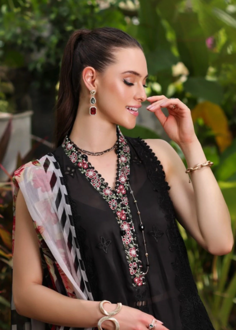 Noor By Saadia Luxe Chikankari Lawn | Black | Unstitched | Party Wear | Chiffon Dupatta | 6A