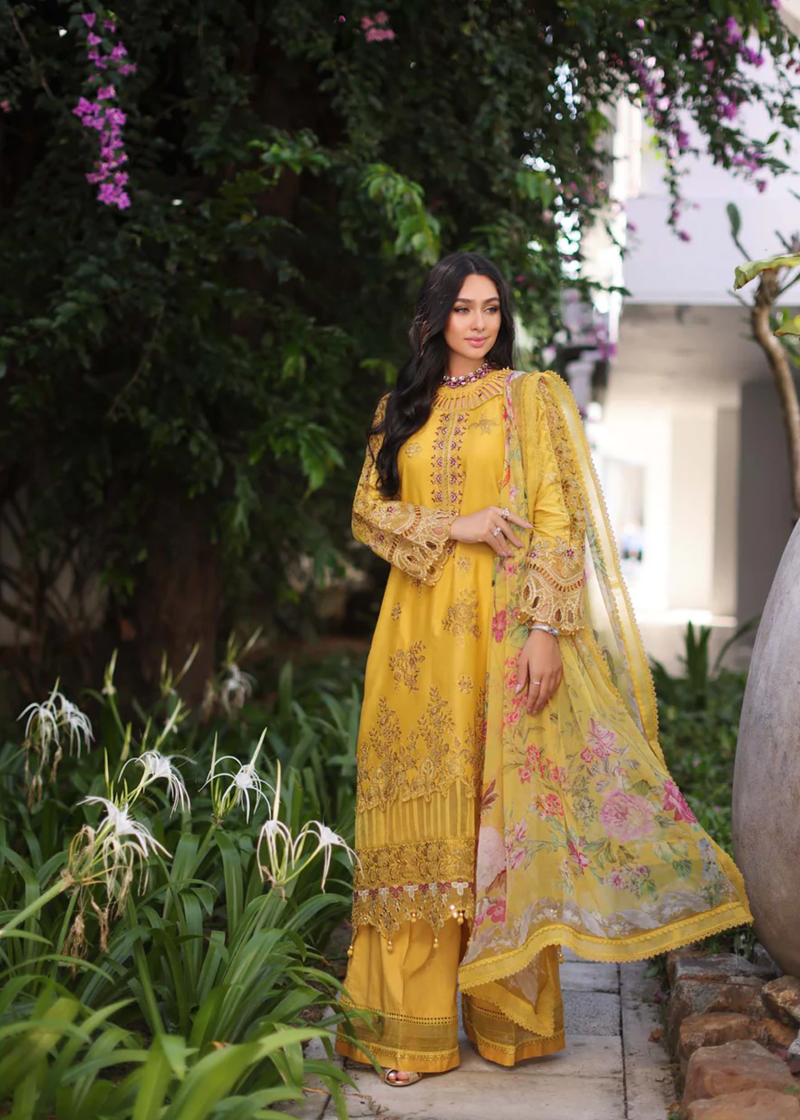 Noor By Saadia Luxe Chikankari Lawn | Mustard | Unstitched | Party Wear | Chiffon Dupatta | 8B