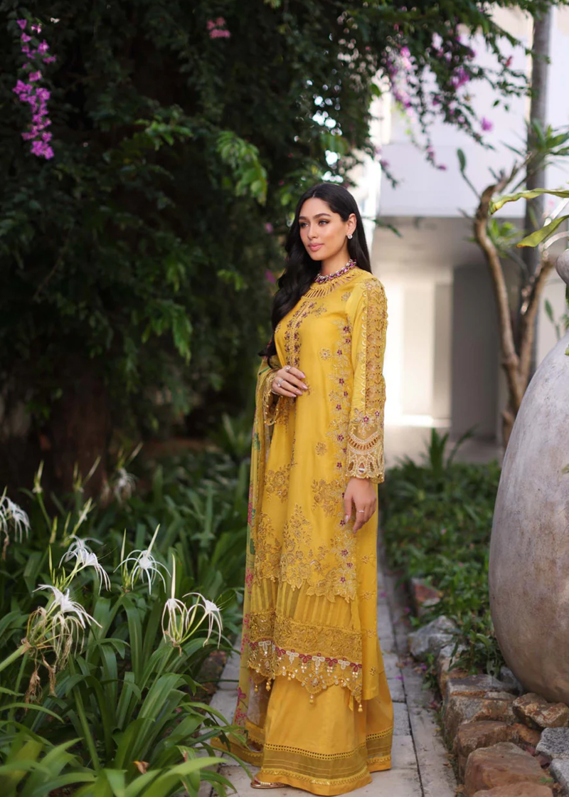 Noor By Saadia Luxe Chikankari Lawn | Mustard | Unstitched | Party Wear | Chiffon Dupatta | 8B