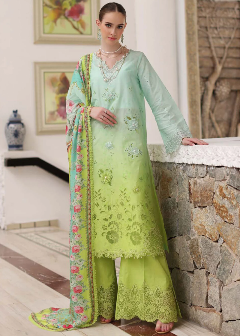 Noor By Saadia Luxe Chikankari Lawn | Neon Green | Unstitched | Party Wear | Chiffon Dupatta | 5A