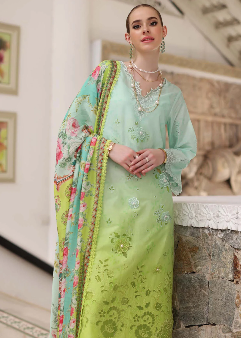 Noor By Saadia Luxe Chikankari Lawn | Neon Green | Unstitched | Party Wear | Chiffon Dupatta | 5A