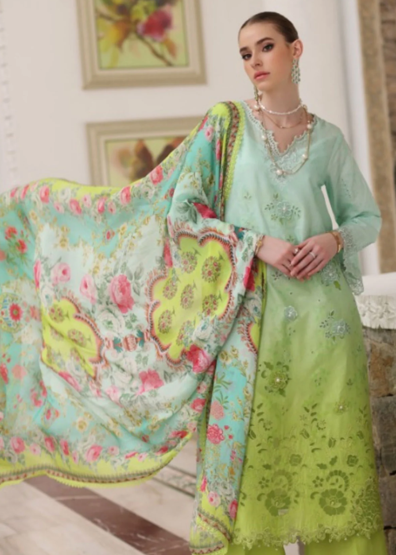 Noor By Saadia Luxe Chikankari Lawn | Neon Green | Unstitched | Party Wear | Chiffon Dupatta | 5A