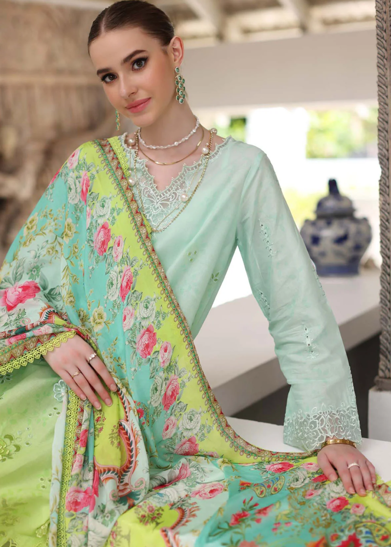 Noor By Saadia Luxe Chikankari Lawn | Neon Green | Unstitched | Party Wear | Chiffon Dupatta | 5A