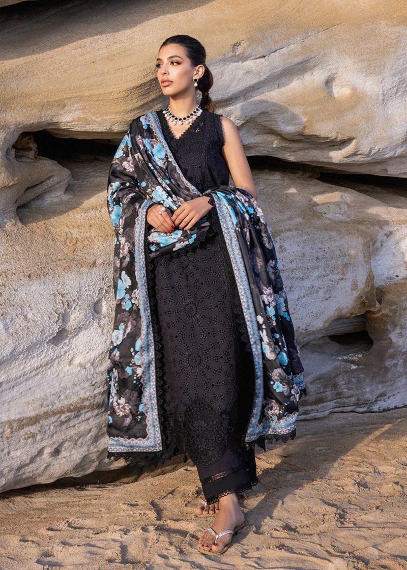 Zainab Chottani Chickankari Luxury Lawn | Black | Unstitched | Party wear | Embroidered Digital Printed Dupatta on Chiffon | KANZA – 5B