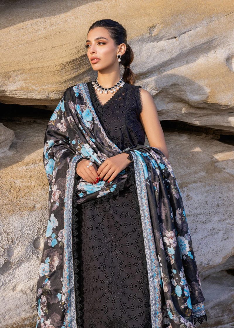 Zainab Chottani Chickankari Luxury Lawn | Black | Unstitched | Party wear | Embroidered Digital Printed Dupatta on Chiffon | KANZA – 5B