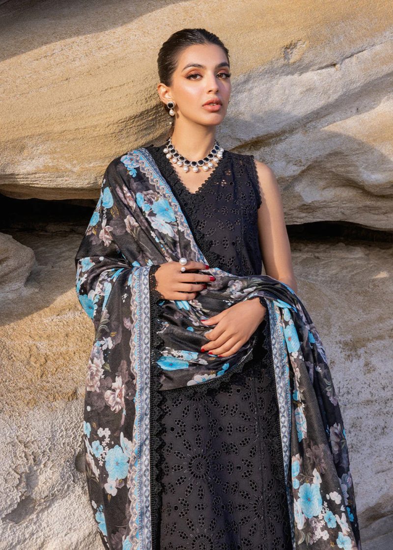 Zainab Chottani Chickankari Luxury Lawn | Black | Unstitched | Party wear | Embroidered Digital Printed Dupatta on Chiffon | KANZA – 5B