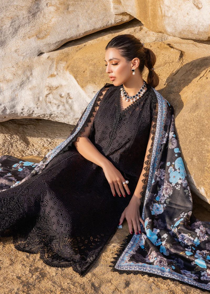 Zainab Chottani Chickankari Luxury Lawn | Black | Unstitched | Party wear | Embroidered Digital Printed Dupatta on Chiffon | KANZA – 5B